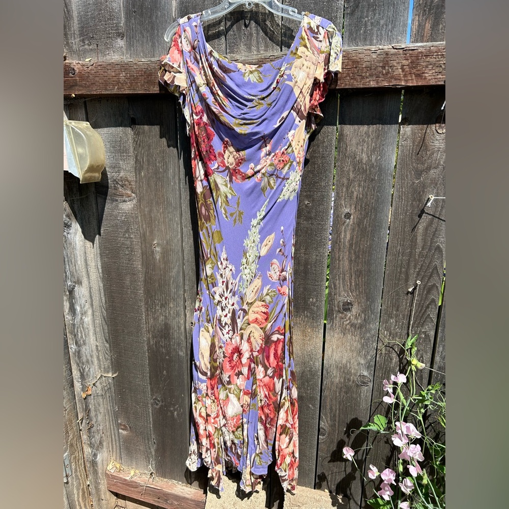 Fabulous beaded floral dress size M, cowel neckline handkerchief hem.